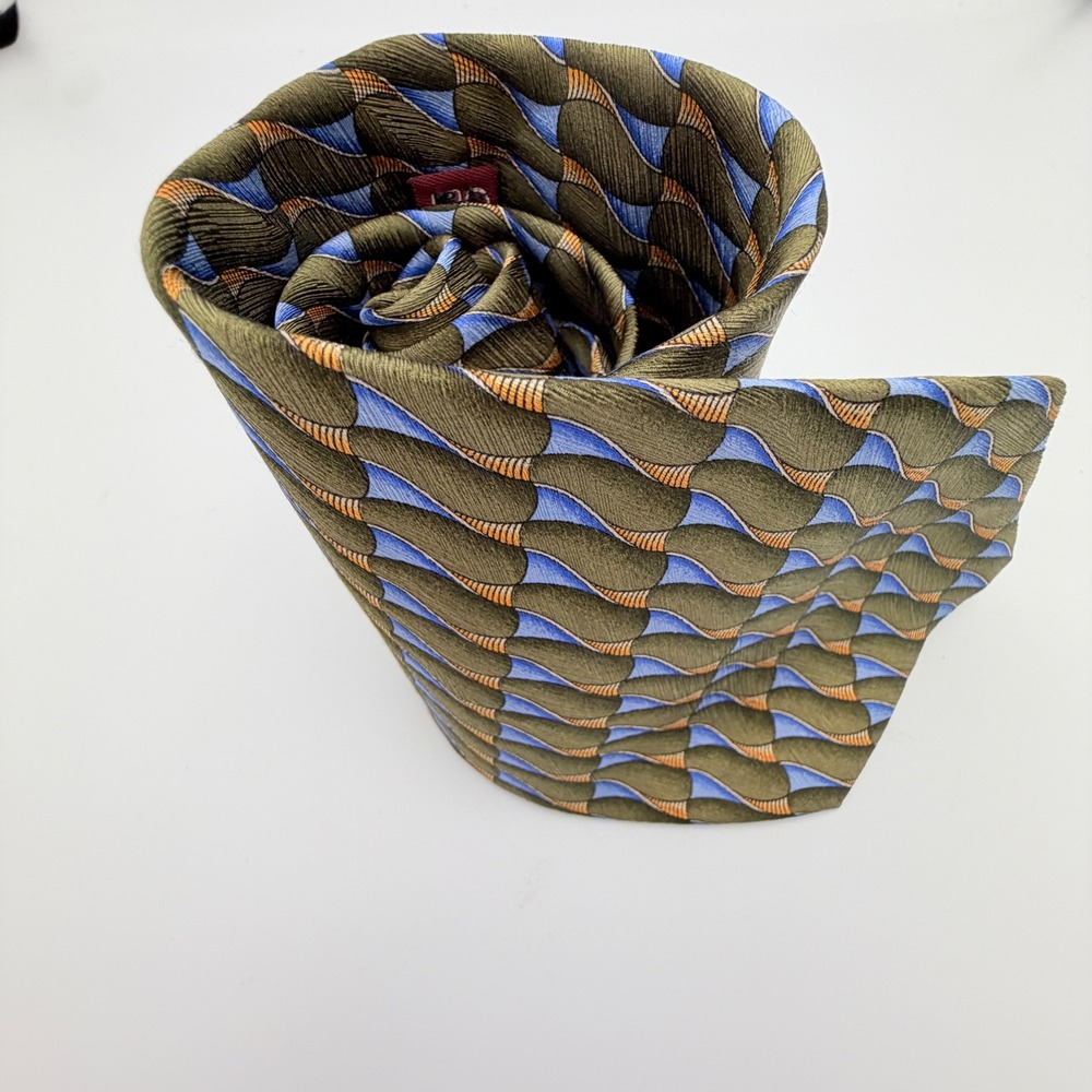 Jos. A. Bank Corporate Collection Silk Tie Olive‎ Green Blue Geometric Wave Mens